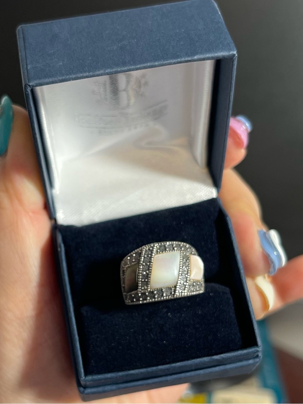 Solid Sterling Silver 925 Stamped Ring with Mother of  Inlay and Accent Stones